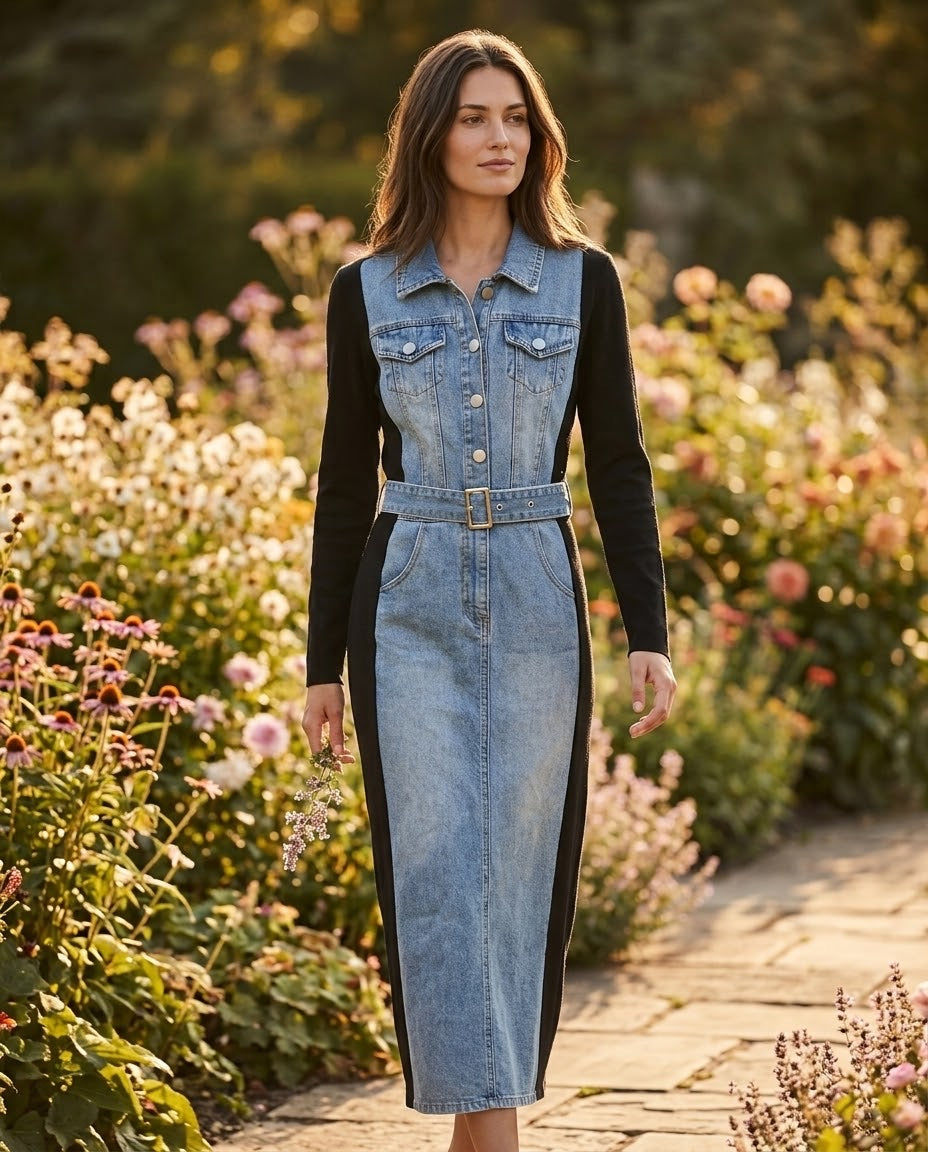 Robe Bi-Matière Jean & Maille Ceinturée Noir, La Garde-Robe de Nina - vue 1