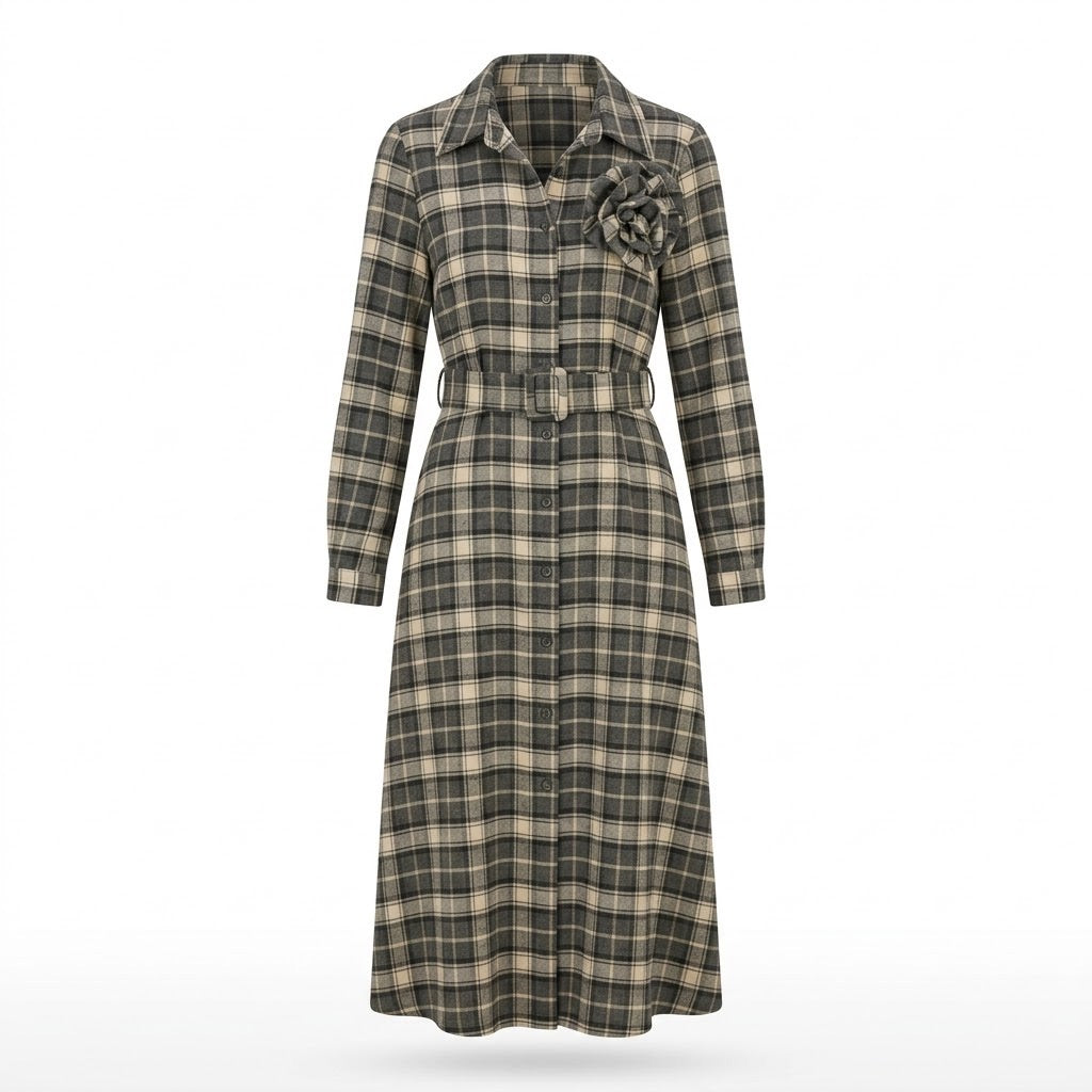 Robe Chemise Carreaux Gris et Écru Broche Fleur Amovible, La Garde-Robe de Nina - vue 5