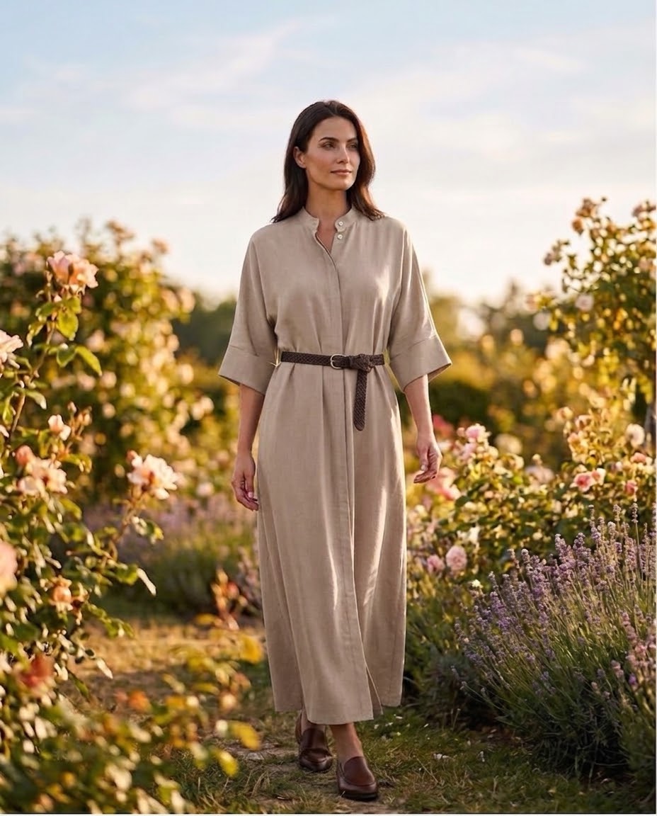 Robe Chemise Ceinturée à Manches 3/4 Beige, La Garde-Robe de Nina - vue 1