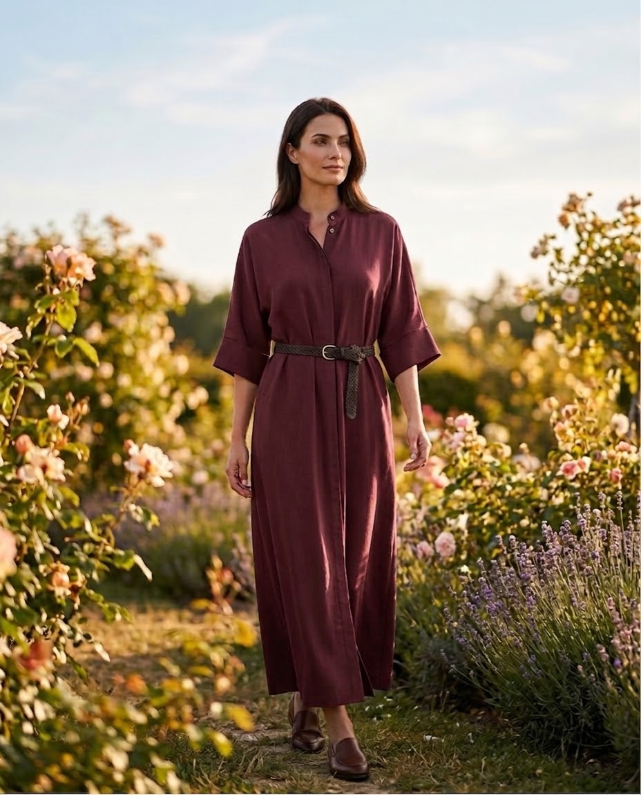 Robe Chemise Ceinturée à Manches 3/4 Bordeaux, La Garde-Robe de Nina - vue 1