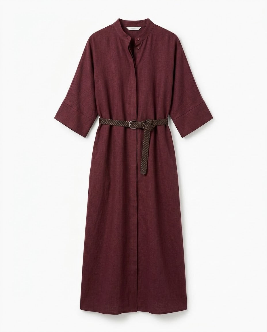 Robe Chemise Ceinturée à Manches 3/4 Bordeaux, La Garde-Robe de Nina - vue 4