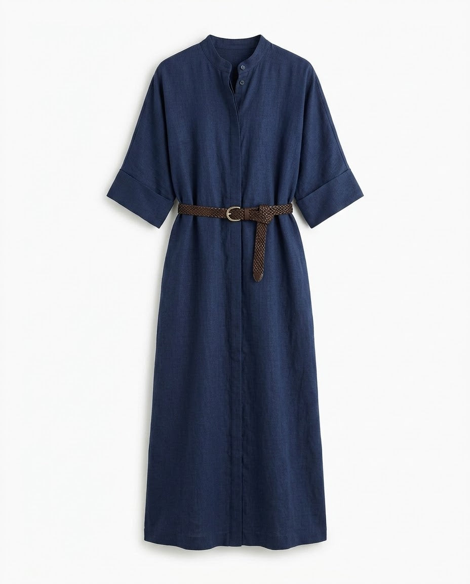 Robe Chemise Ceinturée à Manches 3/4 Marine, La Garde-Robe de Nina - vue 4