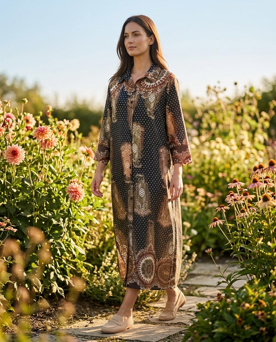 Robe Chemise Longue Imprimée Cachemire Noir & Marron, La Garde-Robe de Nina - vue 1