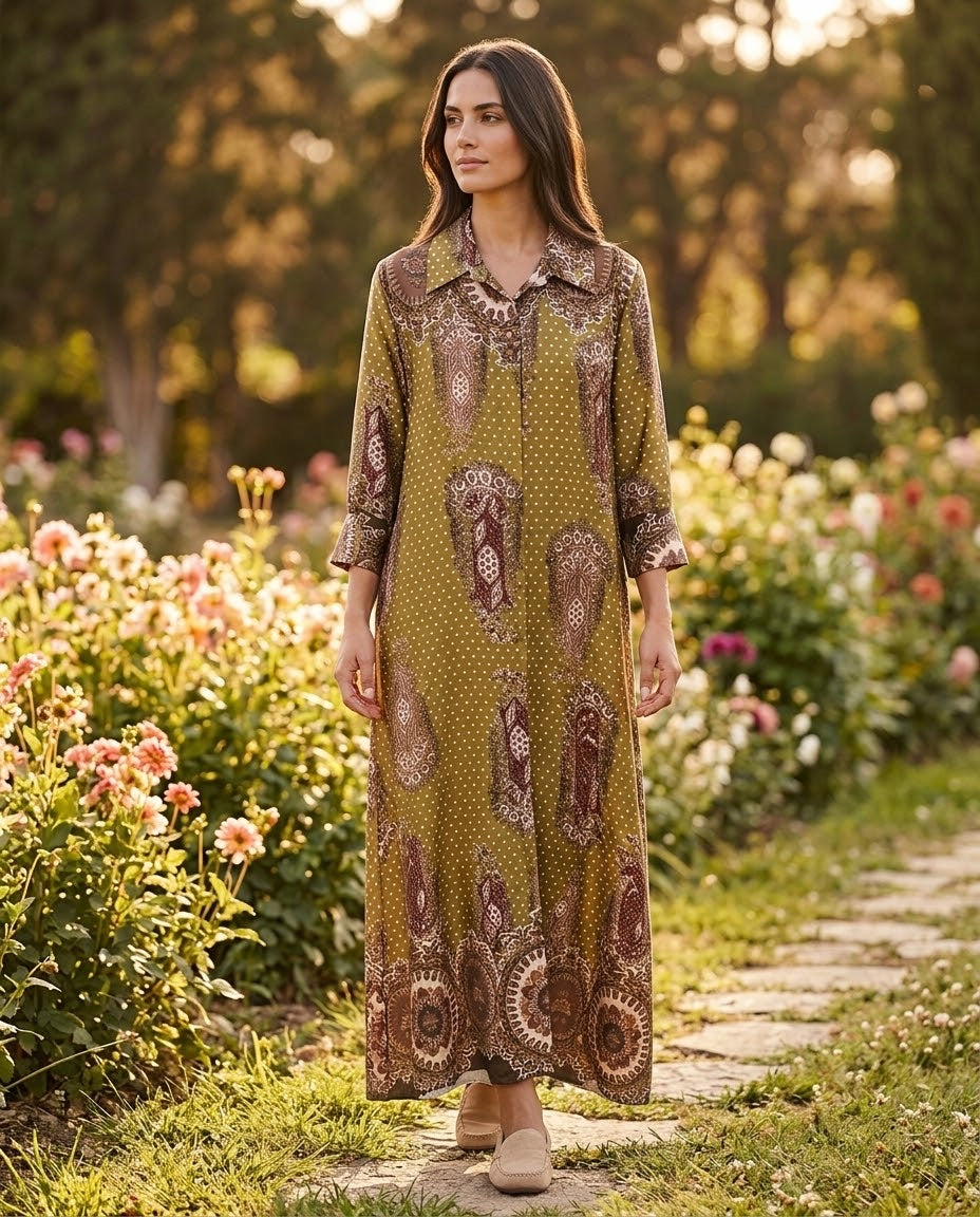 Robe Chemise Longue Imprimée Cachemire Kaki & Marron, La Garde-Robe de Nina - vue 1