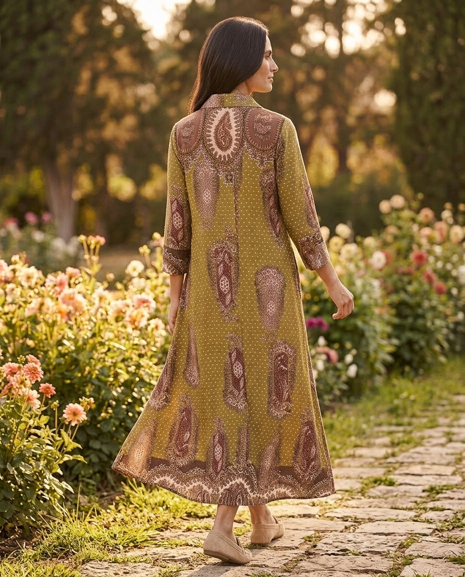 Robe Chemise Longue Imprimée Cachemire Kaki & Marron, La Garde-Robe de Nina - vue 3