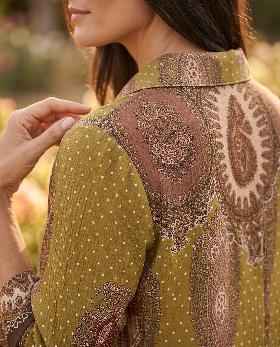 Robe Chemise Longue Imprimée Cachemire Kaki & Marron, La Garde-Robe de Nina - vue 4