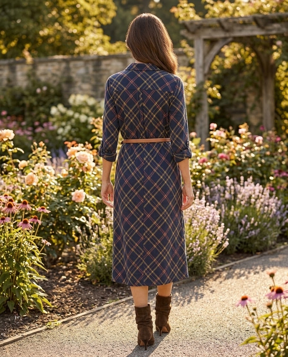 Robe Chemise Velours Côtelé Carreaux Marine, La Garde-Robe de Nina - vue 3