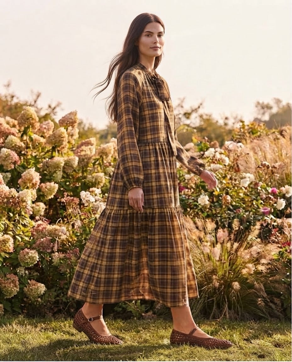 Robe Étagée Carreaux Nœud Lavallière Moutarde, La Garde-Robe de Nina - vue 2