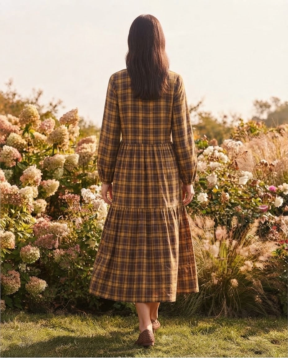 Robe Étagée Carreaux Nœud Lavallière Moutarde, La Garde-Robe de Nina - vue 3