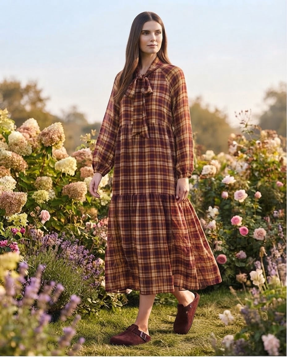 Robe Étagée Carreaux Nœud Lavallière Bordeaux, La Garde-Robe de Nina - vue 1
