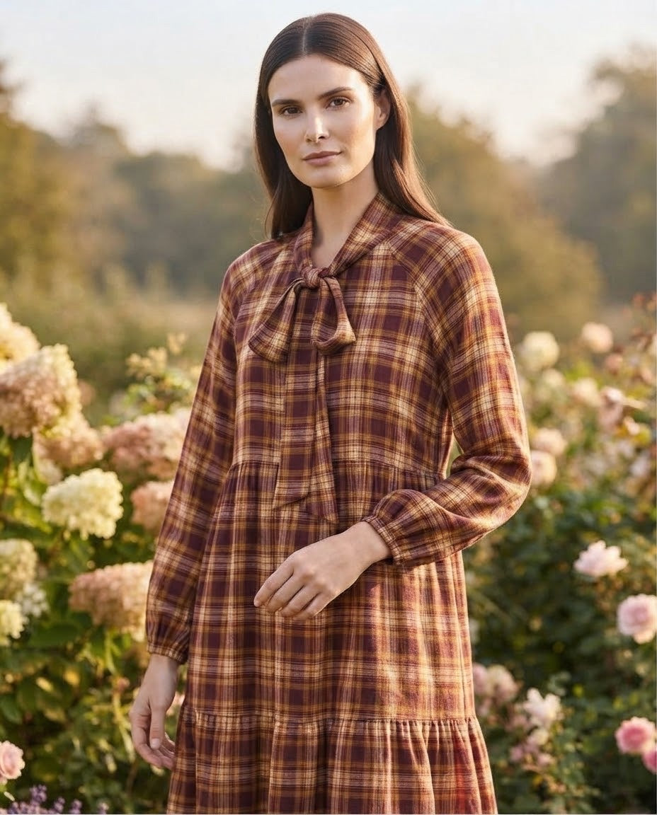 Robe Étagée Carreaux Nœud Lavallière Bordeaux, La Garde-Robe de Nina - vue 2