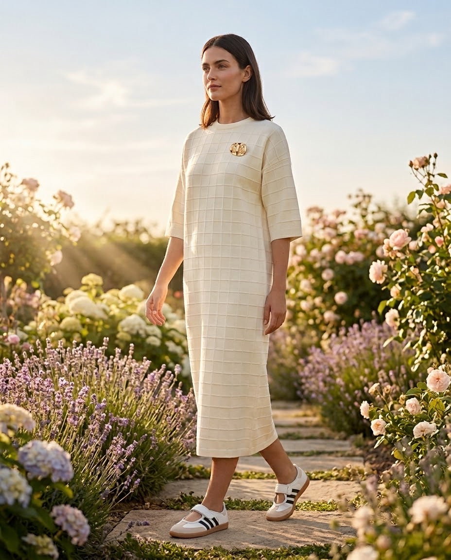 Robe Maille Carreaux Broche Amovible Écru, La Garde-Robe de Nina - vue 1