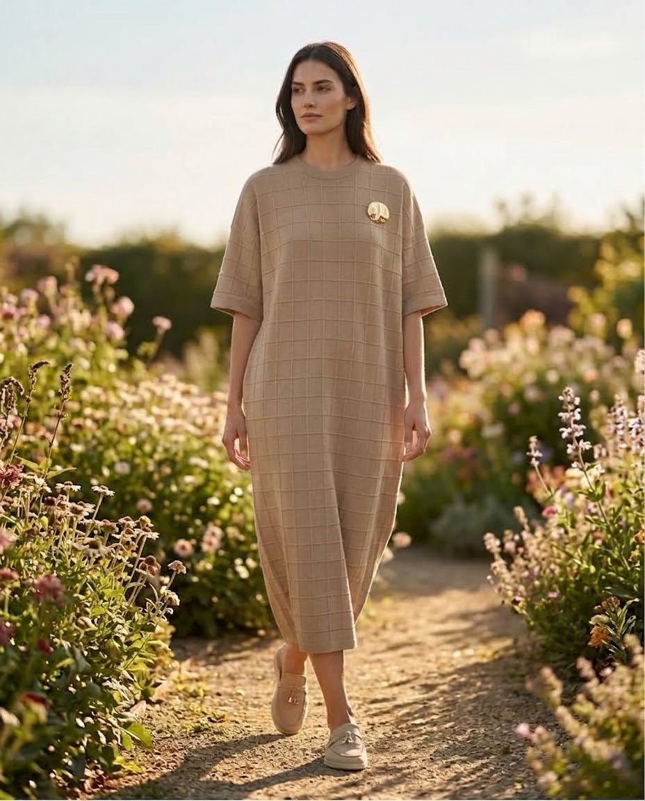 Robe Maille Carreaux Broche Amovible Camel, La Garde-Robe de Nina - vue 1