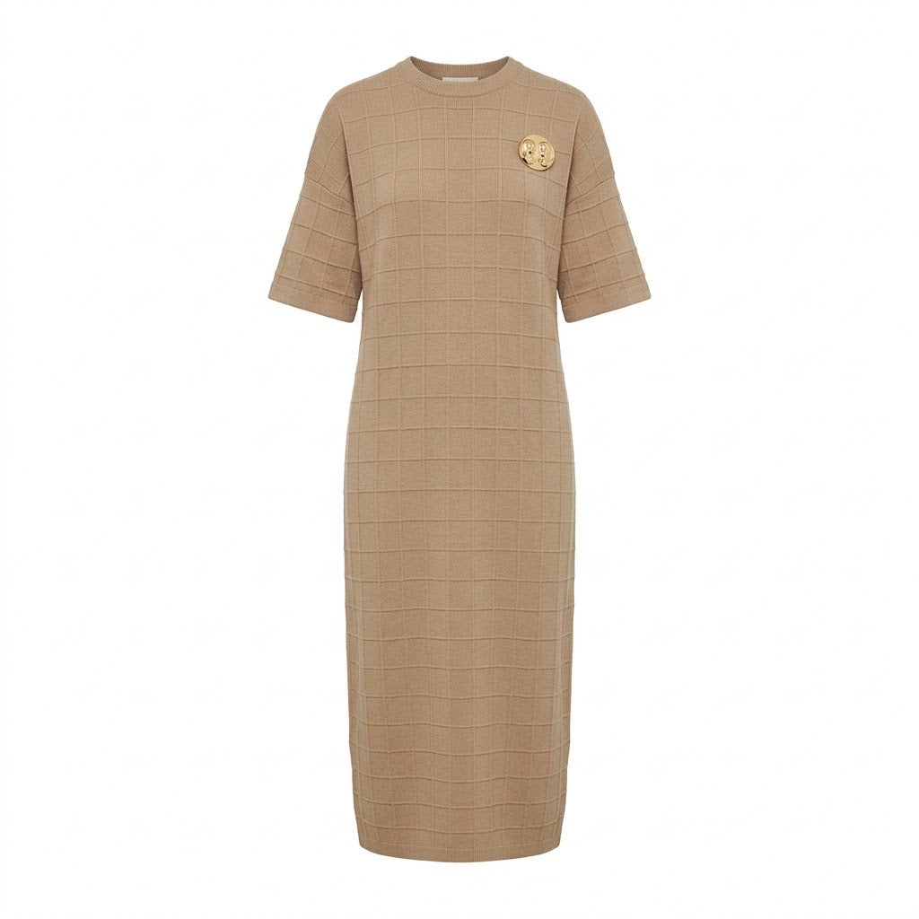 Robe Maille Carreaux Broche Amovible Camel, La Garde-Robe de Nina - vue 4