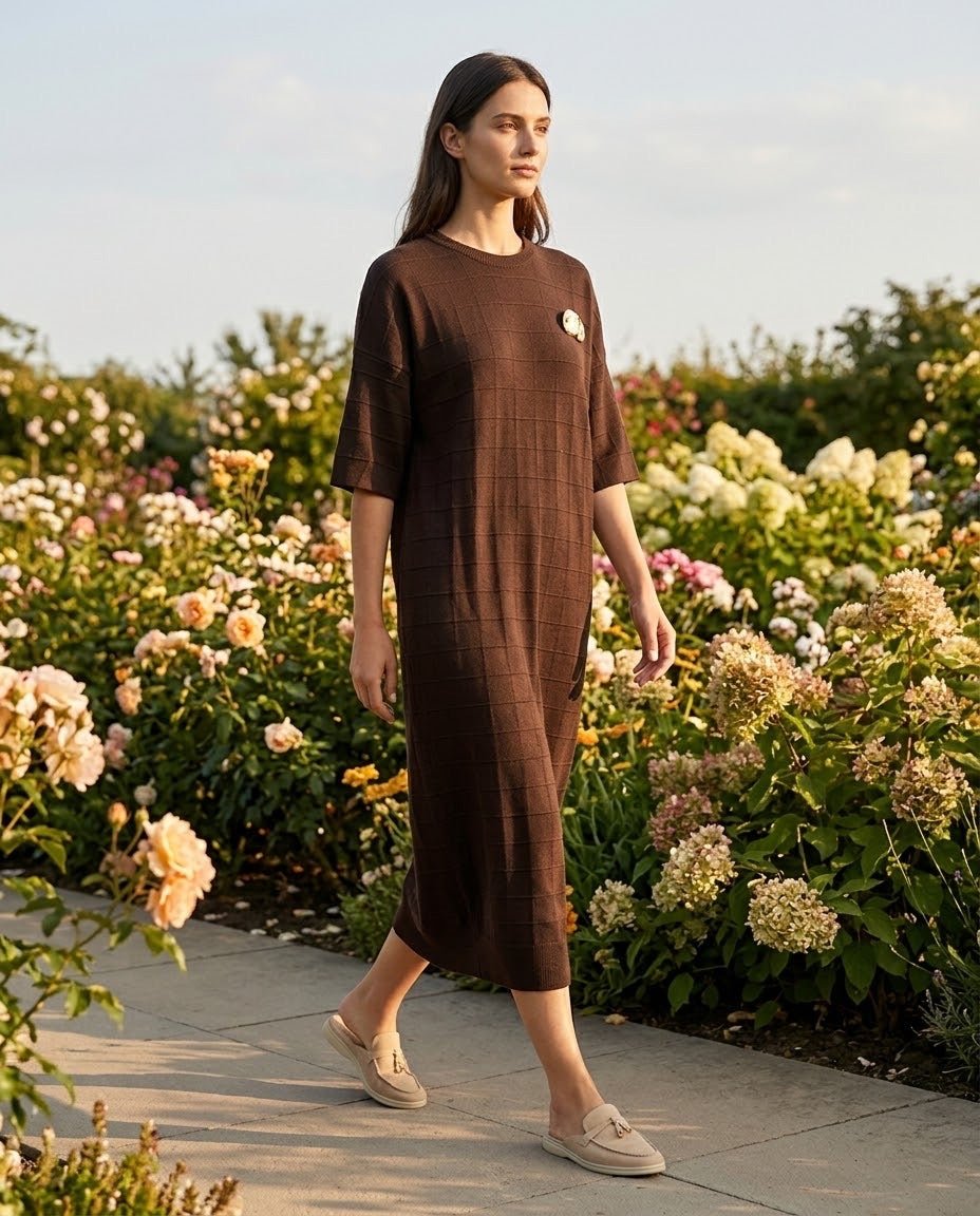 Robe Maille Carreaux Broche Amovible Marron, La Garde-Robe de Nina - vue 1