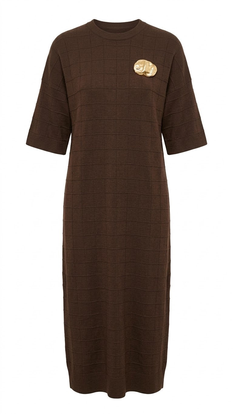 Robe Maille Carreaux Broche Amovible Marron, La Garde-Robe de Nina - vue 4