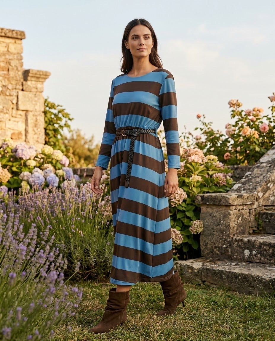 Robe Rayée Bleu Marron Sport Chic, La Garde-Robe de Nina - vue 1