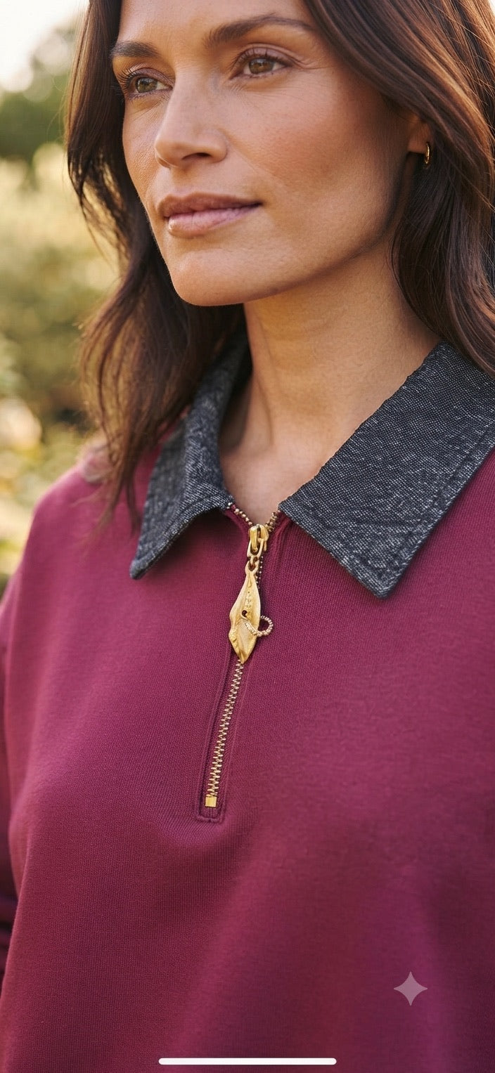 Sweat Bi-Matière Col Jean Zippé Bordeaux, La Garde-Robe de Nina - vue 2