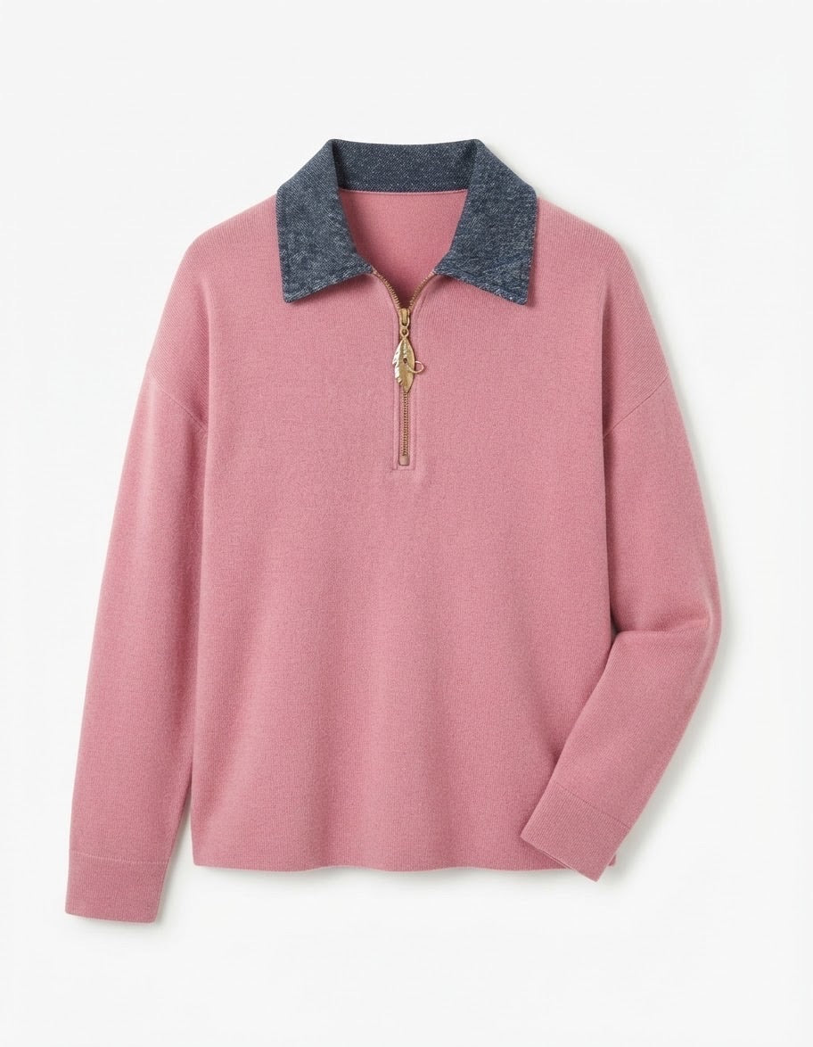 Sweat Bi-Matière Col Jean Zippé Rose, La Garde-Robe de Nina - vue 5
