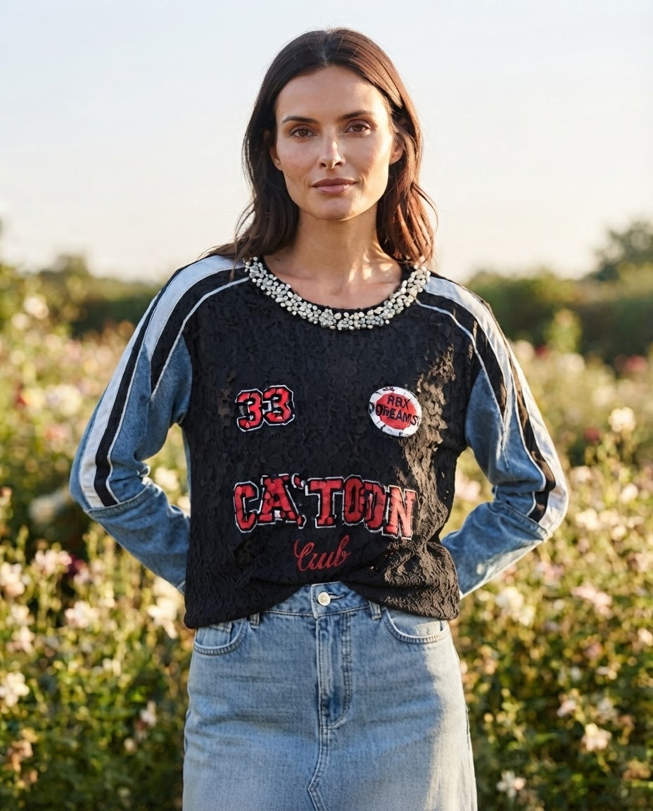 Sweat Brodé Dentelle Noire Manches Denim, La Garde-Robe de Nina - vue 2