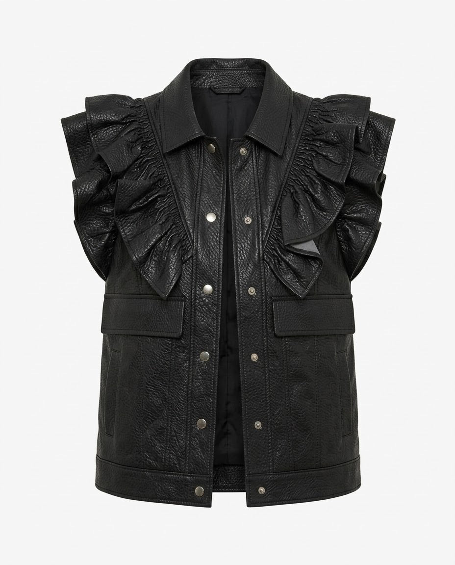Veste Similicuir Sans Manches à Volants Noir, La Garde-Robe de Nina - vue 3