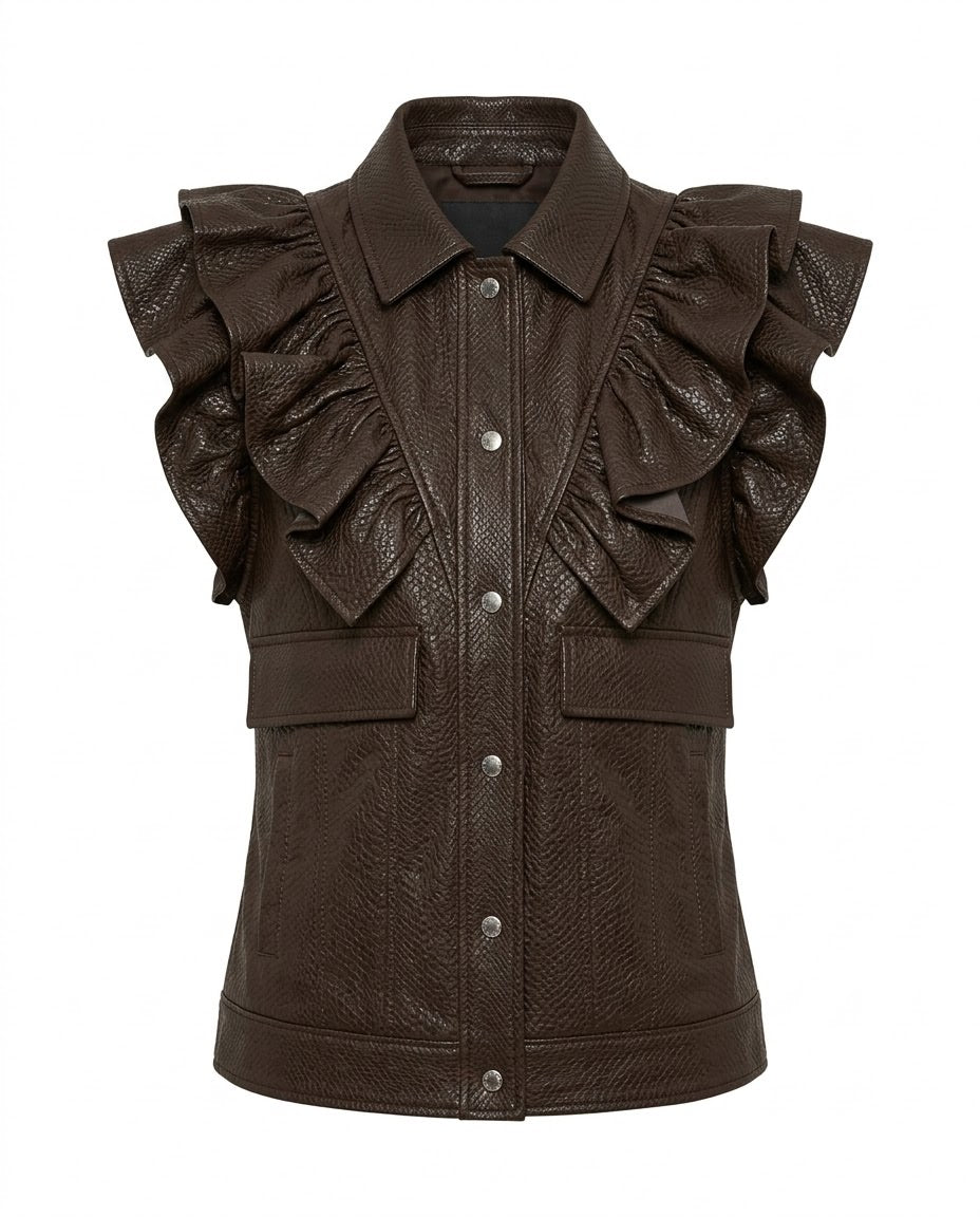 Veste Similicuir Sans Manches à Volants Marron, La Garde-Robe de Nina - vue 4